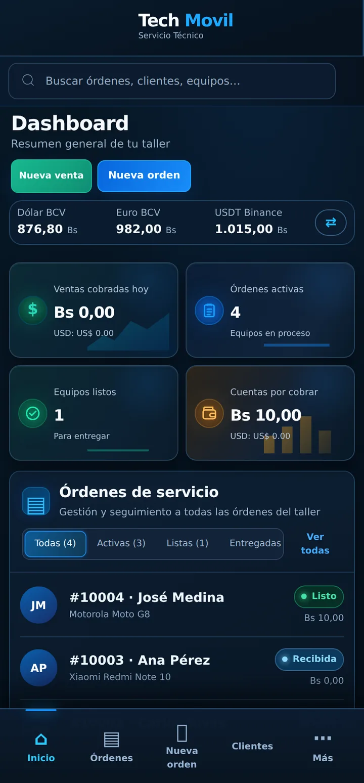 Panel de Tech Movil en un teléfono Android con las tasas del dólar, euro y USDT